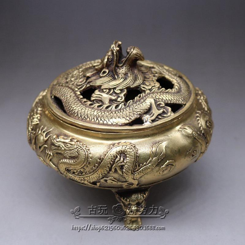 黄铜熏香炉香炉纯铜二龙戏珠摆件五龙三足盘香塔香炉包邮