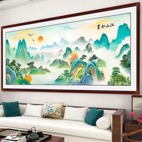 江山如画十字绣2023新款蓝色版客厅大幅风景山水画手工满线绣绣