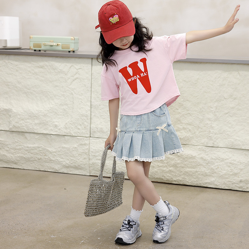 2025新款女童短袖T恤中大童圆领上衣女款弹力棉韩版童装一件代发