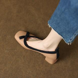 通勤秋 简约方头浅口中高跟鞋 2023春夏韩版 优雅蝴蝶结粗跟淑女单鞋
