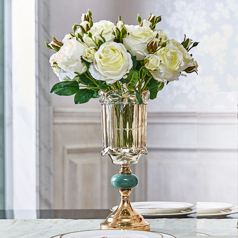 轻奢金色金属水晶玻璃花瓶欧式样板房客厅套装台面装饰花瓶餐桌