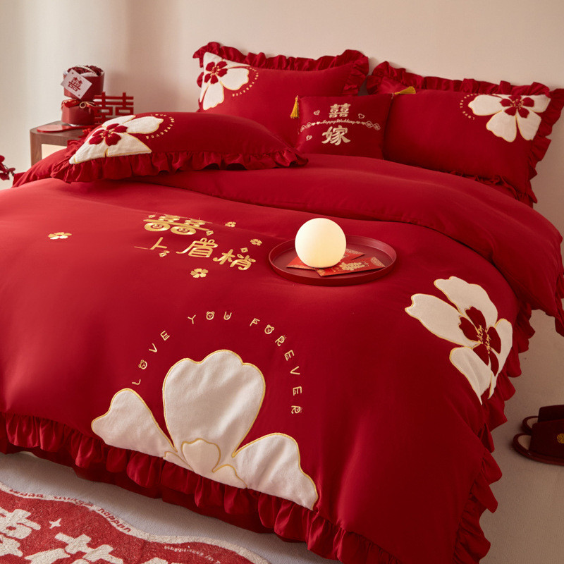 热销新中式结婚四件套2024新款大红色床单床上用品被婚嫁喜新婚嫁