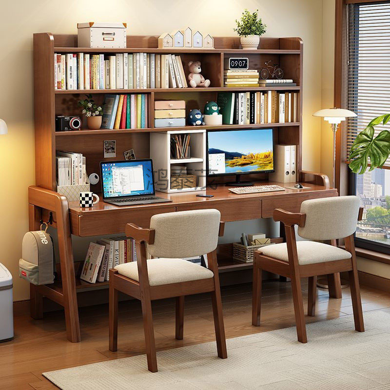 Htm1双人学生家用实木书桌书柜书架一体小学生写字桌初中生学习桌