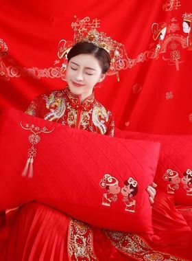 热销mp0高挡婚庆新婚枕芯一对结婚枕头双人枕大红色枕头套装一对