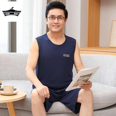 爸爸睡衣男士夏款无袖短裤大码莫代尔中老年人家居服薄款背心套装