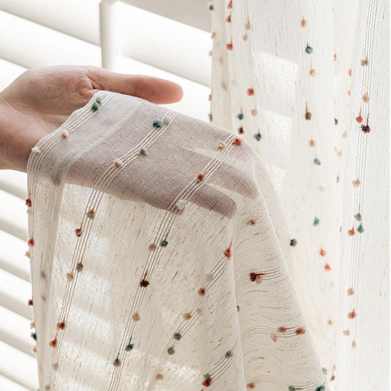 绣花法式复古彩虹糖豆新款纱帘儿童房女孩房小清新公主亚麻纱窗纱