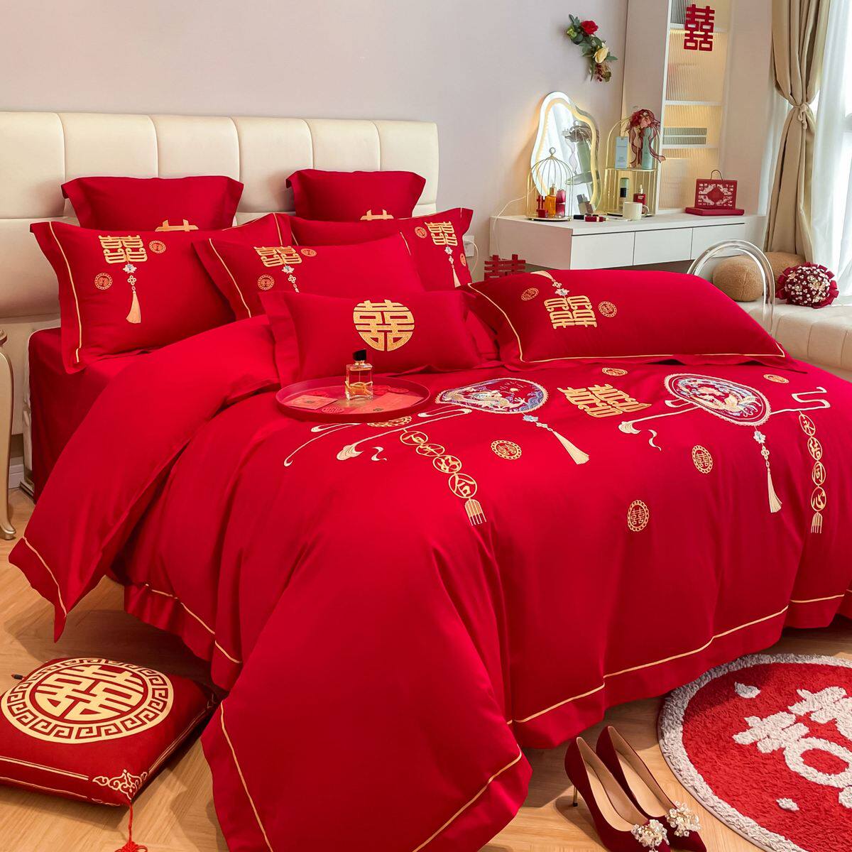 5h6s婚庆四件套大红色婚房结婚床上用品新婚刺绣喜被套件龙