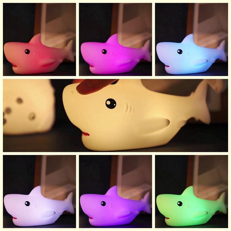 热销LED鲨鱼硅胶灯可充电便携式RGB儿童和护理小夜灯