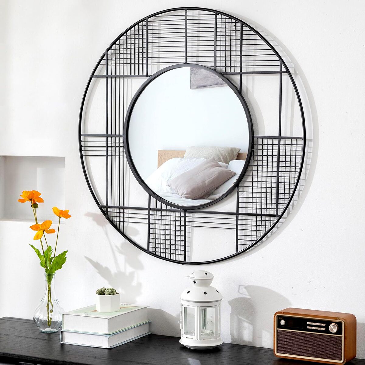 壁挂式装饰镜金属框架圆形镜子客厅卧室玄关镜浴室的挂墙艺术走廊