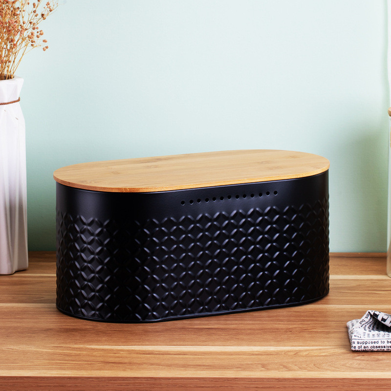 家用椭圆烘焙盖面包盒透气保鲜竹品储存箱白色花纹金属收纳罐