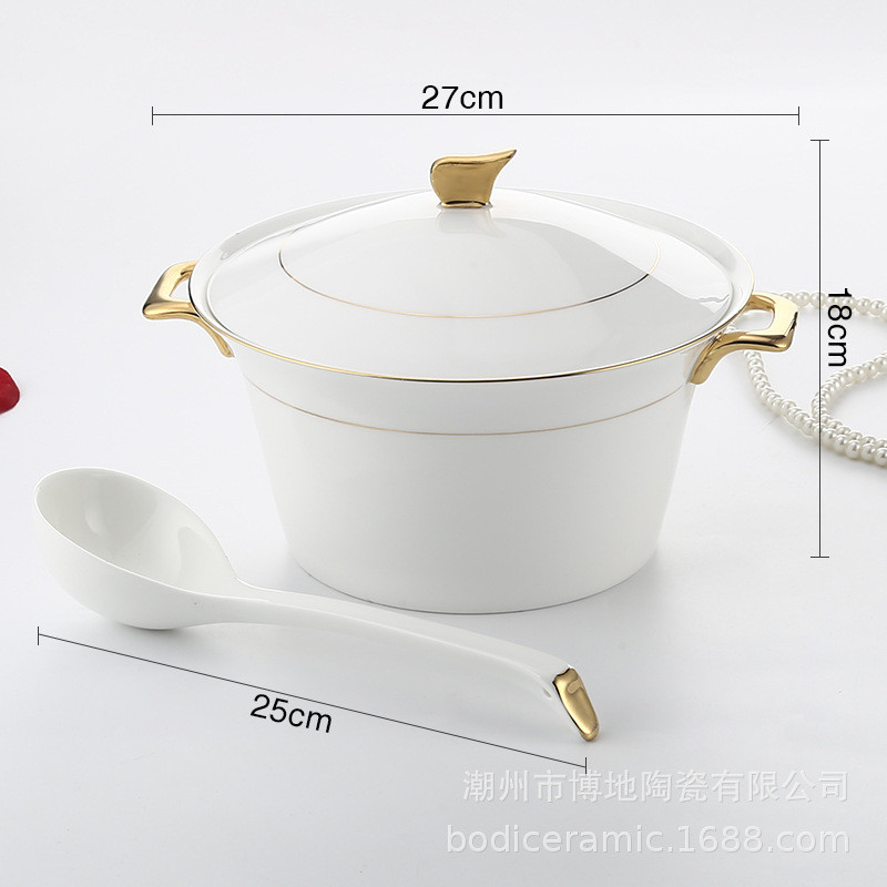 骨瓷陶瓷带盖双耳汤碗特大号家用批发金边汤锅简约酒店商用欧式