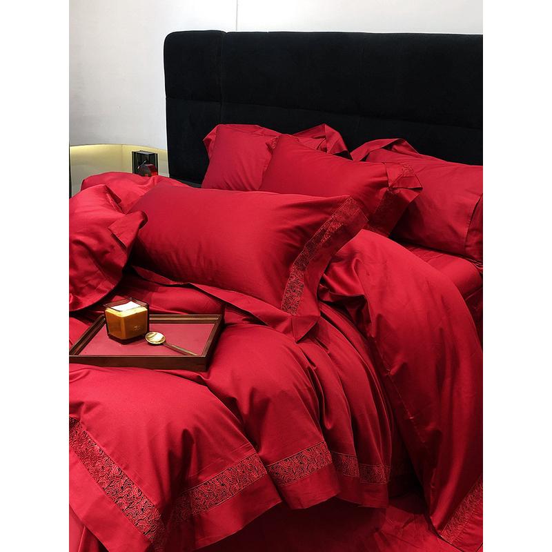 轻奢风婚庆大红色镂空全棉四件套100s婚房长绒棉喜被结婚床上用品