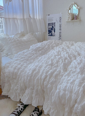 nn0i小泡芙！纯裸睡仙女白全棉泡泡纱四件套纯色可欲被套床单床裙