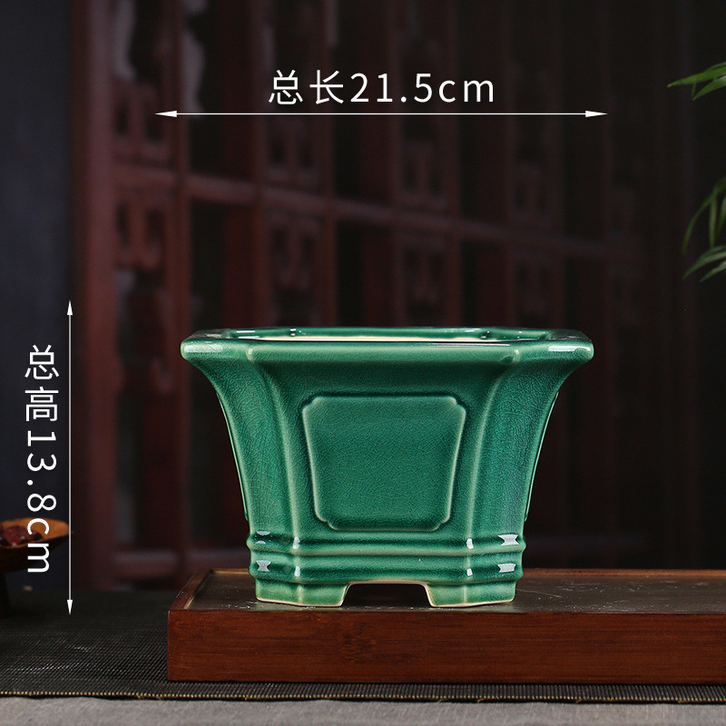 宜兴釉水紫砂花盆批发盆景创意装饰摆件复古六方绿萝多肉桌面yz14