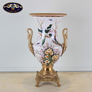 喜鹊陶瓷配铜镶铜花瓶软装 美式 饰品干花花插家居客厅别墅酒店摆件