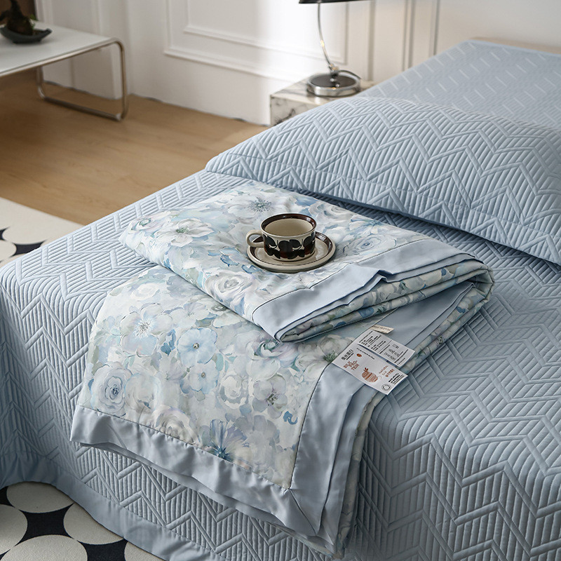 100支桑蚕丝天丝长绒棉炕夏被四件套绗缝夹棉植物花卉榻榻米床盖+