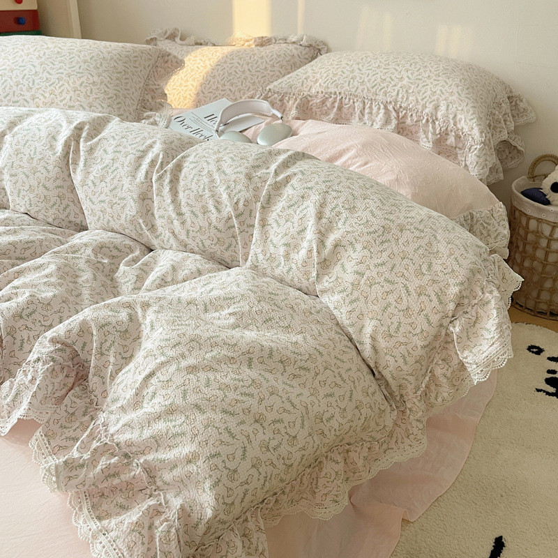 批发ins韩系亲肤水洗棉褶皱泡泡棉花边四件套公主风田园碎花4件套