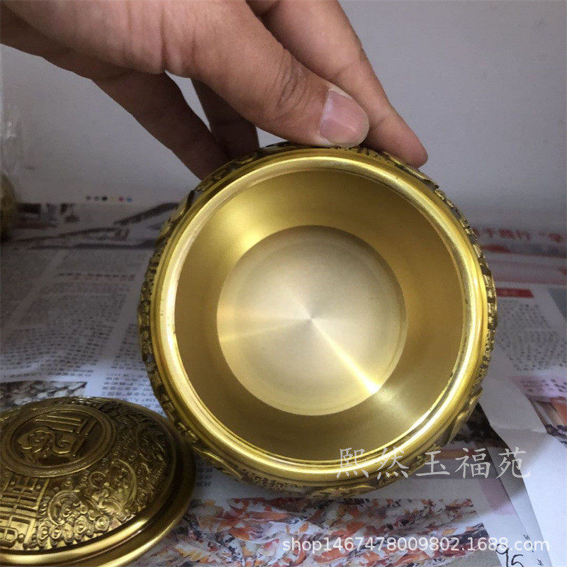 工艺品摆件纯铜带盖百福缸摆件黄铜茶叶罐福字缸古玩收藏家居仿古
