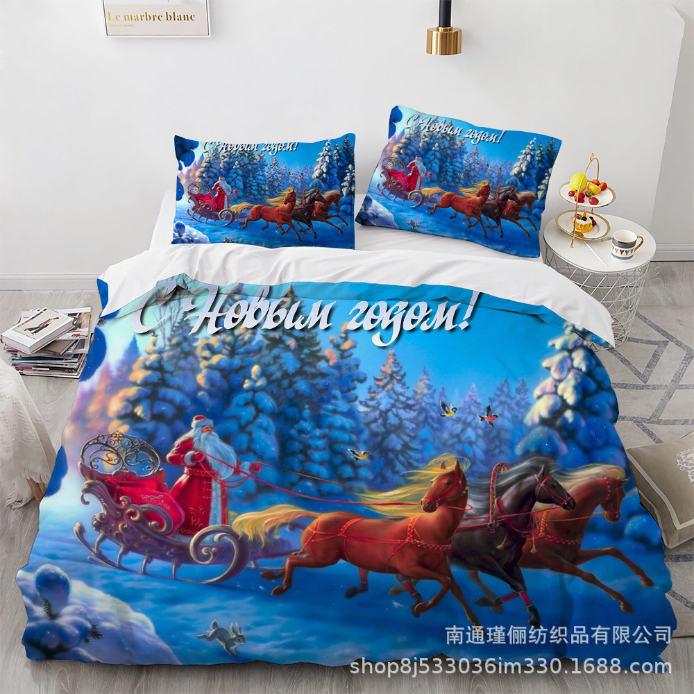 外贸3d数码圣诞系列印花品床床单被套三件套套件批发