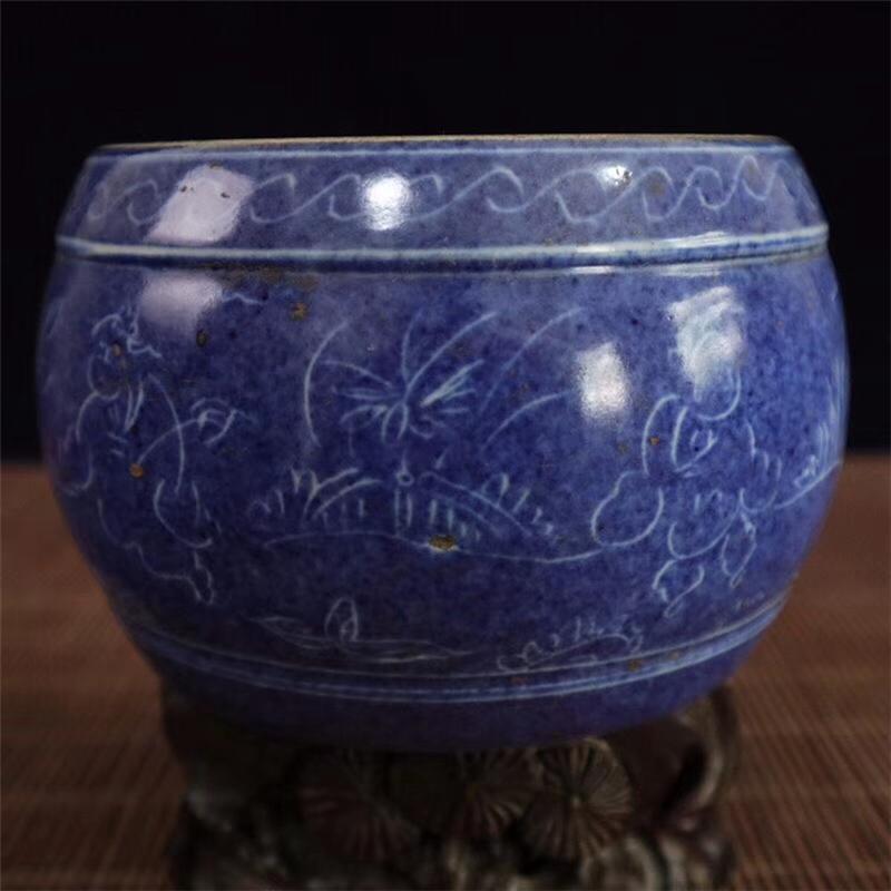 热销复古做旧古玩工艺品）收藏瓷器（霁蓝釉人物图纹鼓形砚台批发