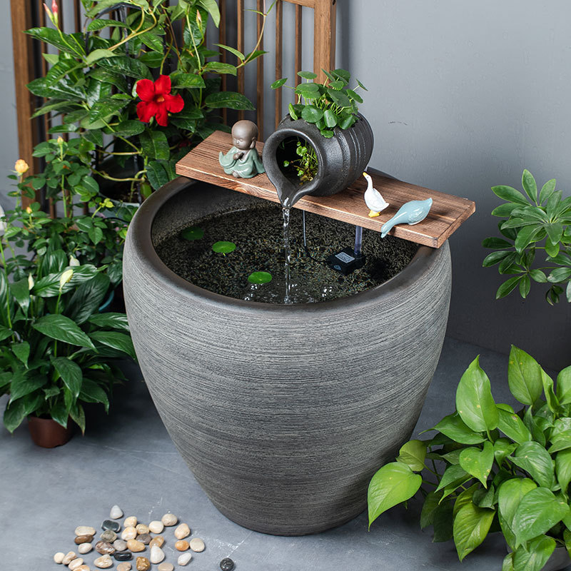 加高陶瓷金鱼缸古法养鱼缸客厅阳台大缸陶罐循环流水造景老式水缸