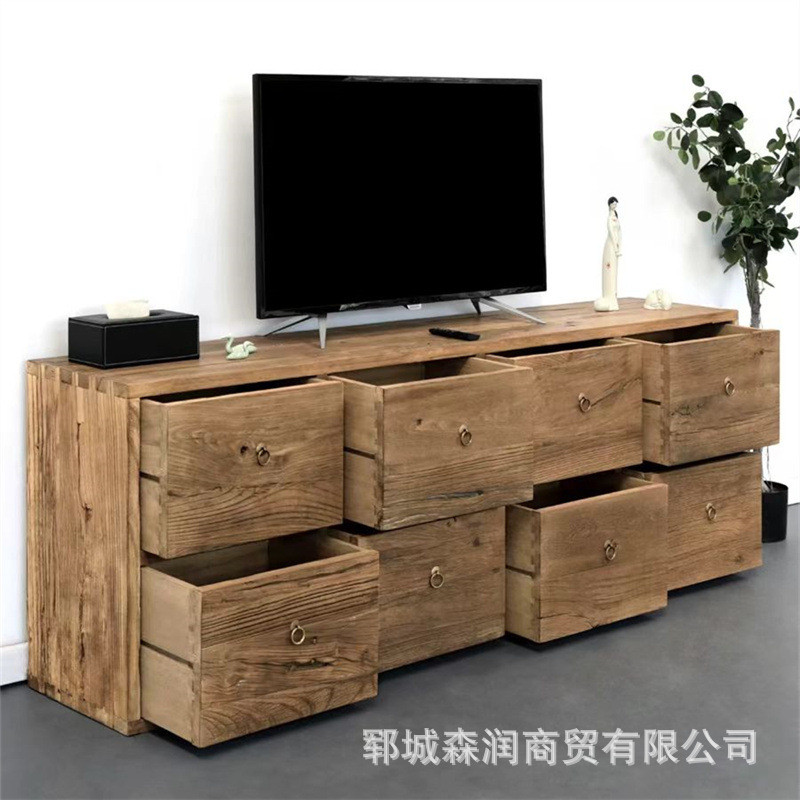 老榆木电视柜做旧门板八格抽拉式储物柜榆木斗柜家具影视置物柜