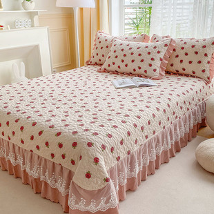 通用棉麻夏季 水洗防滑花边床盖三件套床裙款 床罩单件带裙边四季