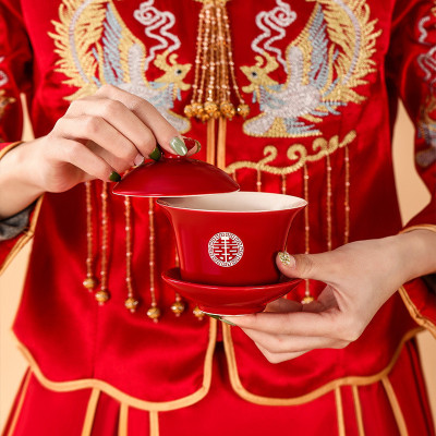 alj6改口敬茶杯套装一对喜碗杯子婚礼红色敬酒茶具碗筷陪嫁结婚礼