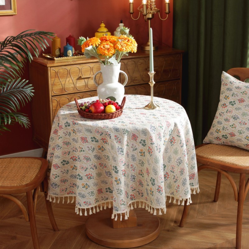 乐轩秀圆桌布欧式复古绿色植物印花餐桌布台布麻餐桌竹节工厂直供