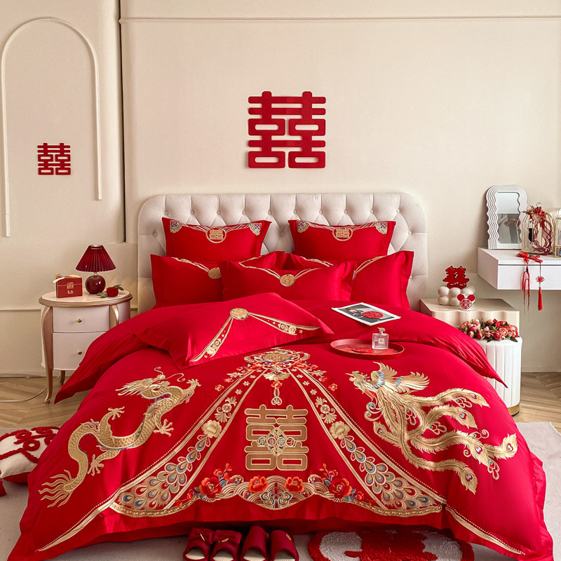 婚庆四件套龙凤刺绣被套新婚陪嫁结婚六件套床上用品大红婚礼喜被