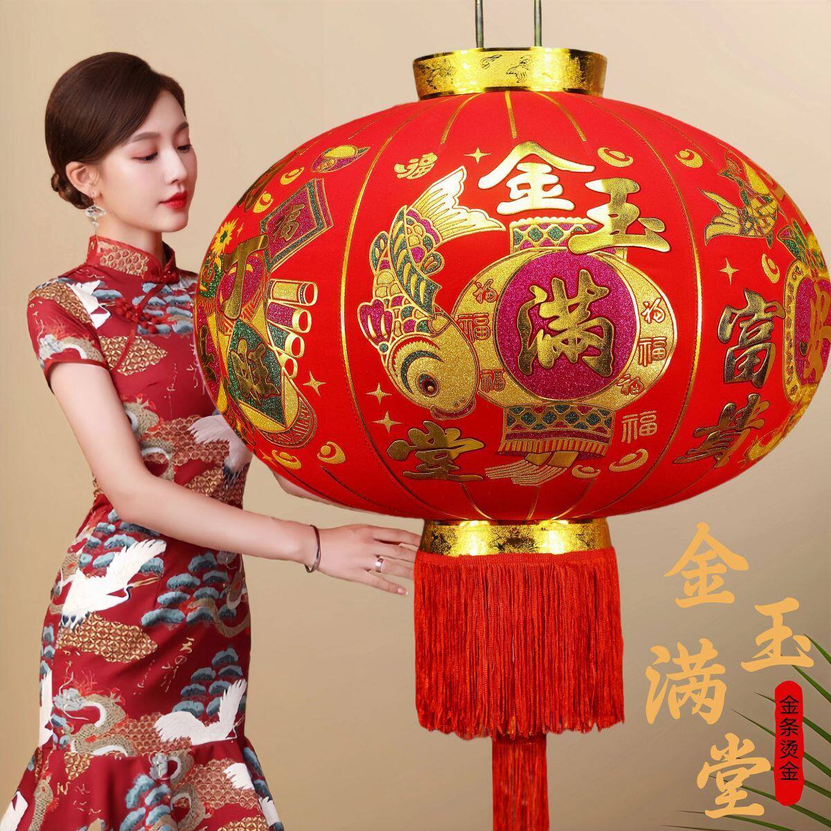 厂家大红植绒短杆批发绒布高档新年春节用品装饰大门阳台红灯笼