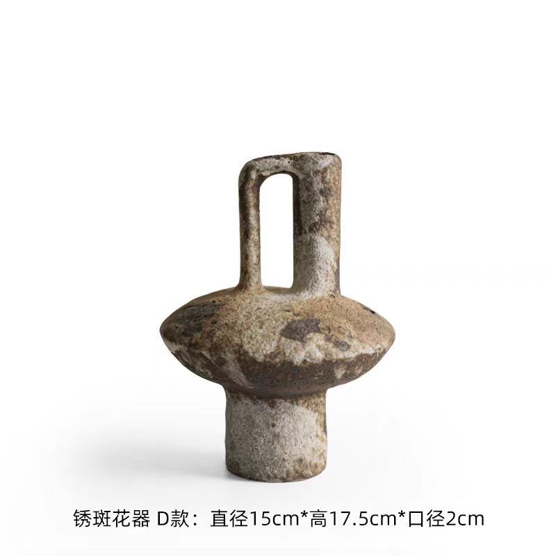 复古做旧粗陶插花台面陶瓷花瓶摆件侘寂风简约样板间民宿花器