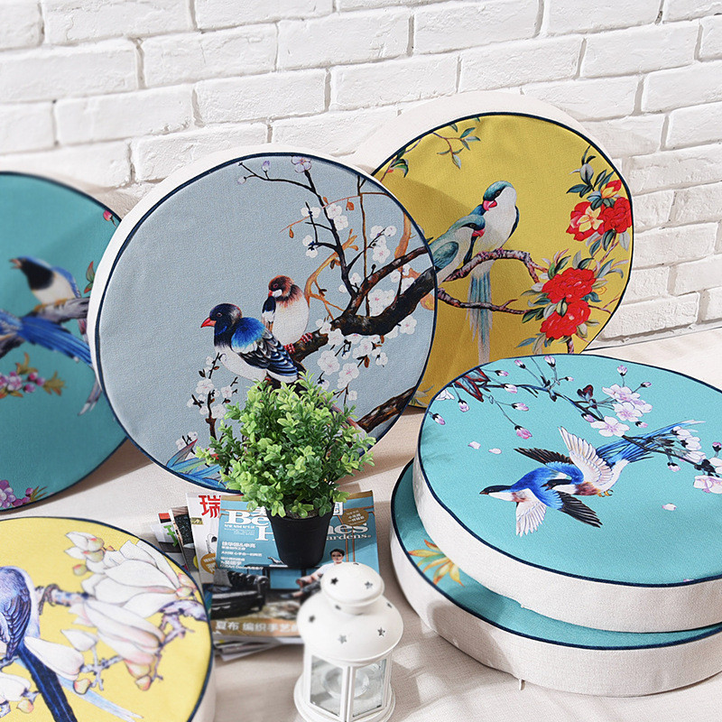 中式田园花鸟棉麻布艺蒲团垫客厅卧室飘窗地板垫圆枕