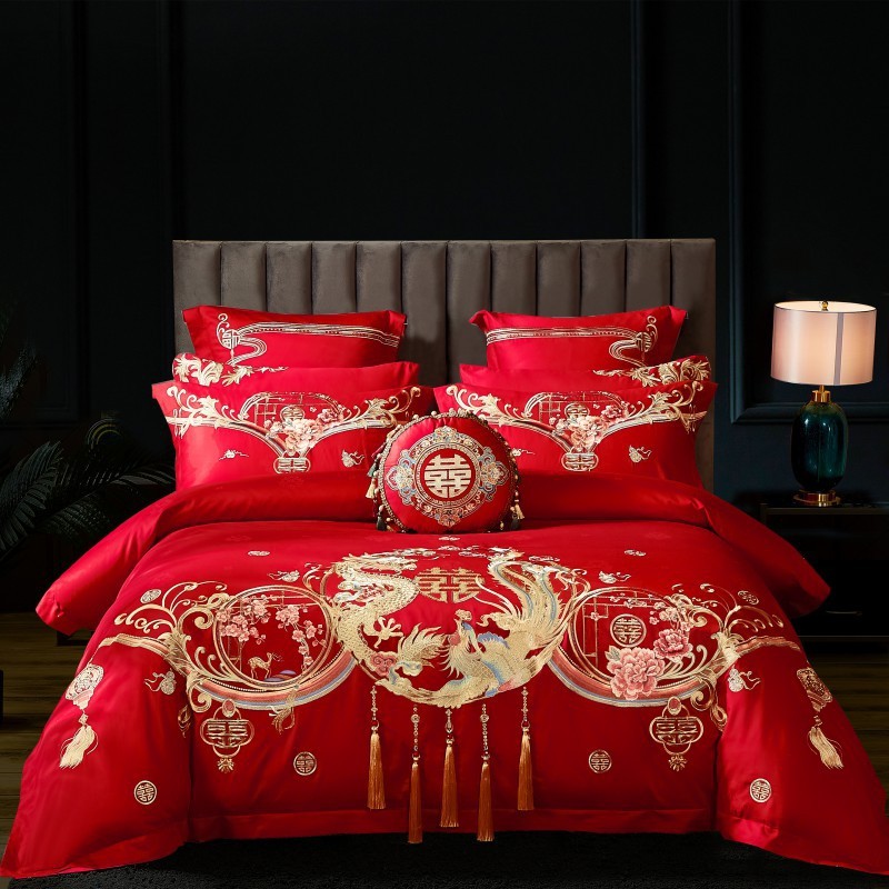 100支全棉贡缎提花刺绣大红婚庆四件套房结婚龙凤被套床盖多件套