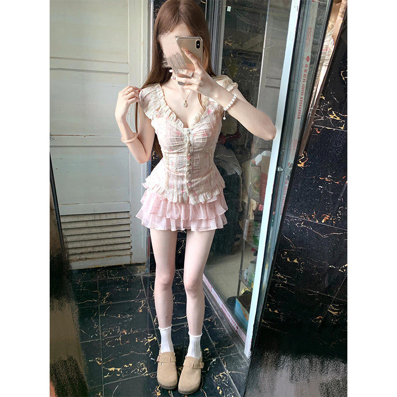速发高品质茶系穿搭一整套夏季小个子甜妹纯欲短袖衬衫蛋糕半身裙