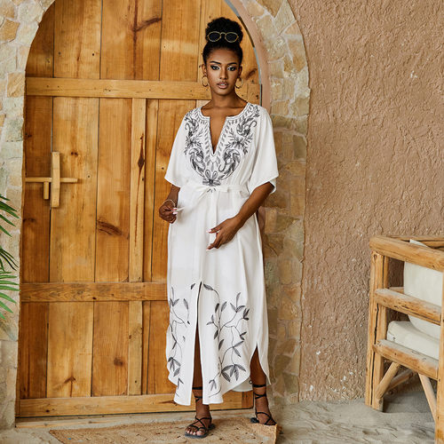 沙滩罩衫金色人棉绣花腰带度假长裙22190(2色）l