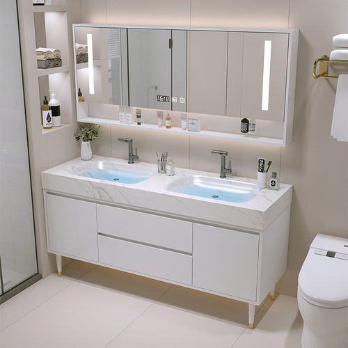 热销新款奶油风岩洗手热弯一体无缝双盆浴室柜组合卫生间洗漱台板