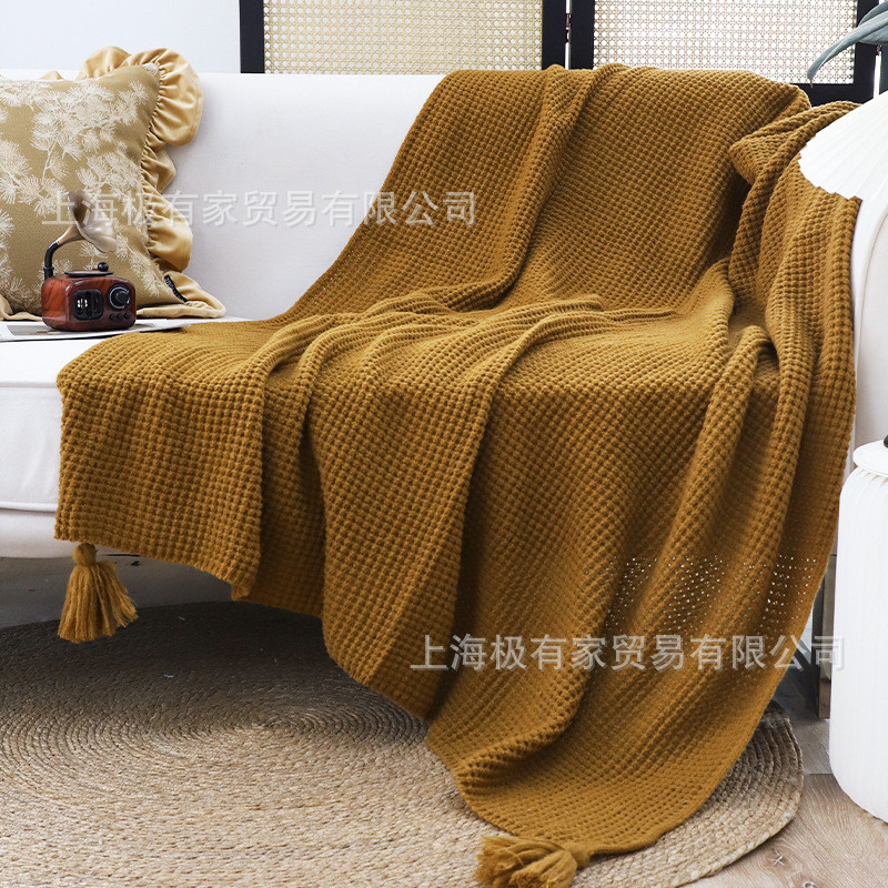 复古棕咖色毯子厚大吊穗针织休闲毯中古风棕咖色沙发毯盖毯床尾加