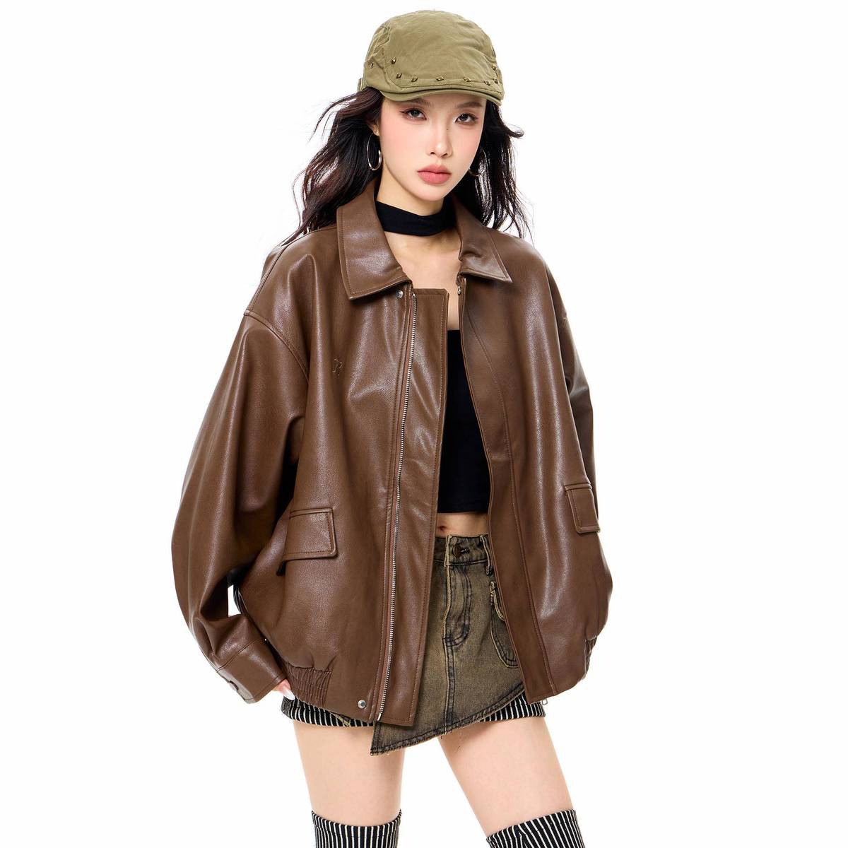 【星球】美拉德棕色机车皮衣外套女2024新款春秋美式复古pu夹克男