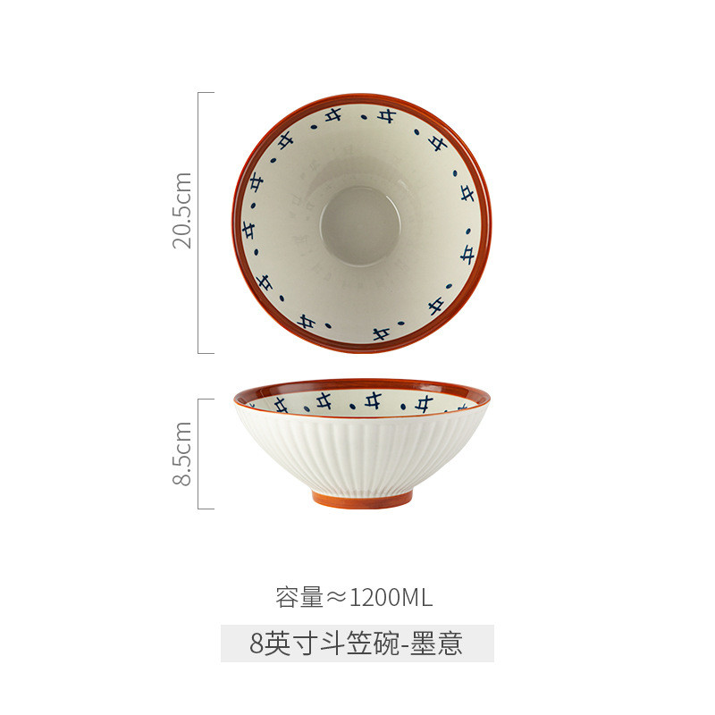 ins创意家用日式复古手绘陶瓷大号拉面碗喇叭碗斗笠碗汤面碗批发