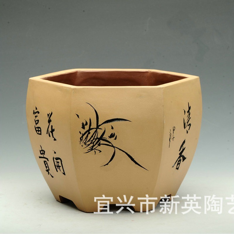 现货特大号紫砂花盆宜兴植物陶盆花卉菖蒲六方兰古典园艺盆景