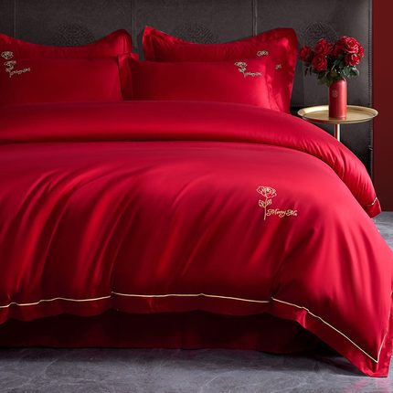 x70t简约玫瑰婚庆四件套新100s长绒棉被套大红色送礼喜被结婚床上