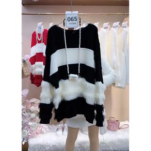 女拼接撞色慵懒套头毛衣韩版百搭休闲长袖条纹提貂宽松圆领衫