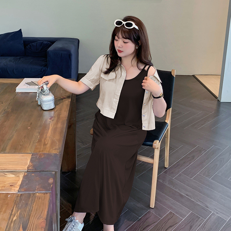 双天2024款大码女装夏装200斤胖妹妹背心裙+短袖外搭套装L059