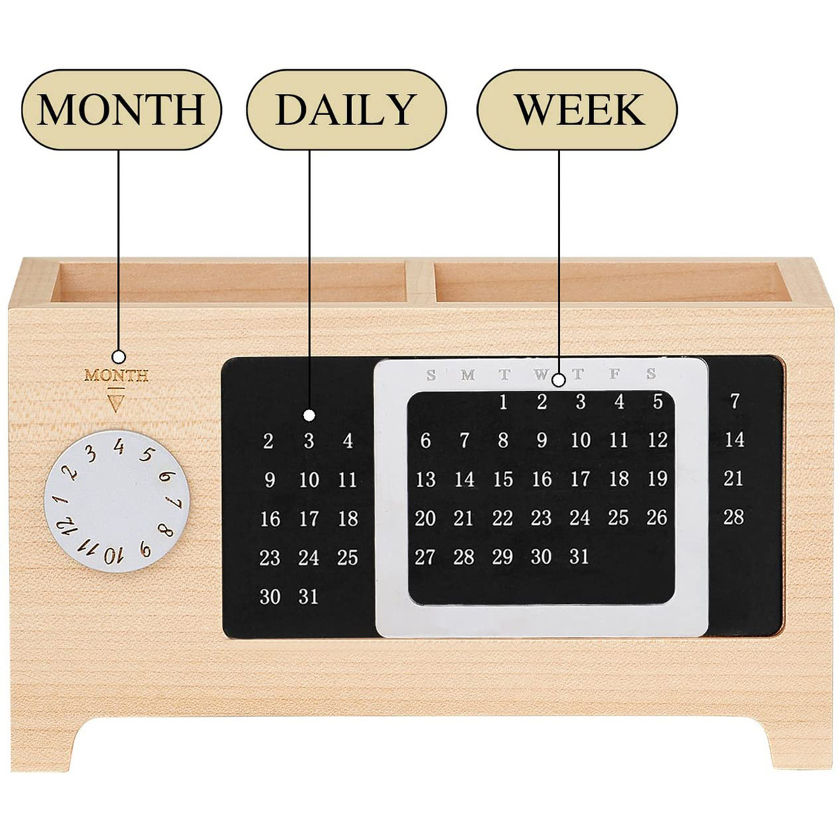 创意木质万年历笔筒收纳盒桌面收纳筒办公室榉木笔筒日历文具学生