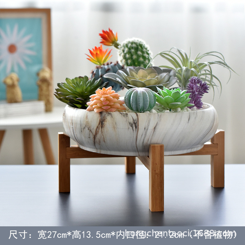 陶瓷水转印多肉花盆配竹托盘新品办公室组合创意桌面绿植盆栽