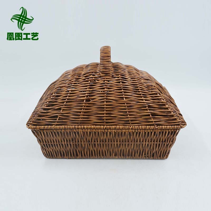 新款批发方形带盖铁艺加固藤编收纳筐桌面圆形篮手工编织面包藤筐