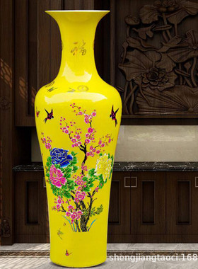 景德镇陶瓷器中国红落地大花瓶红摆件花开富贵中式客厅酒店大黄