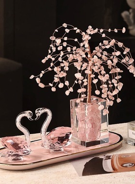 浪漫粉水晶招财树天鹅套装摆件家居办公室艺术装饰品结婚生日厂家