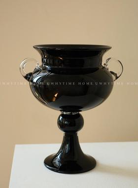 欣可家居法式中古黑白复古提手琉璃花瓶高脚风灯花器软装摆件